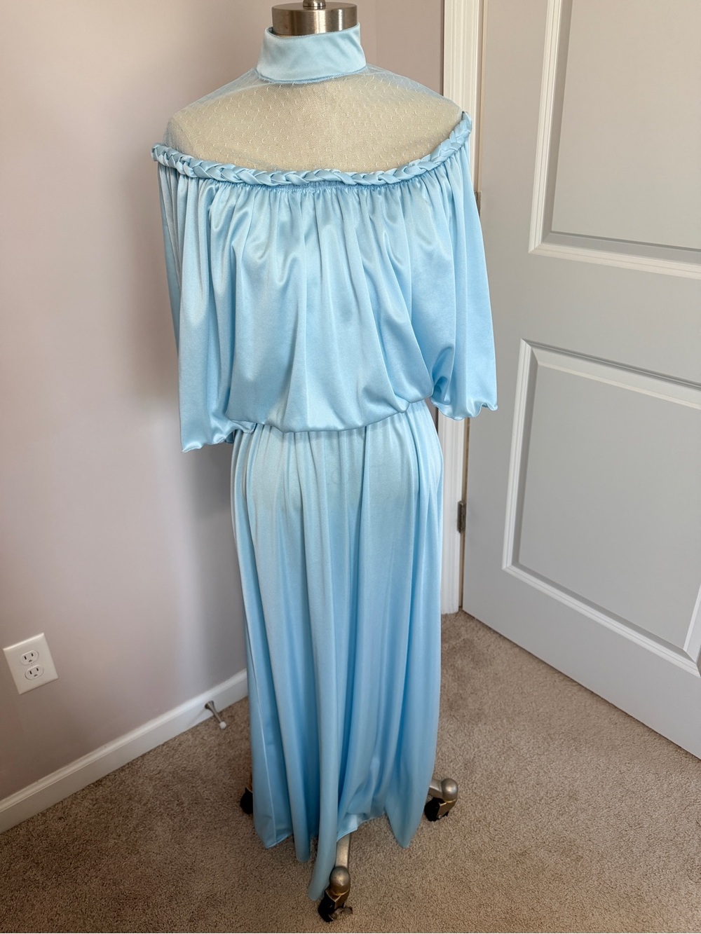 Vintage Light Blue Satin Maxi Dress with Sheer Yoke